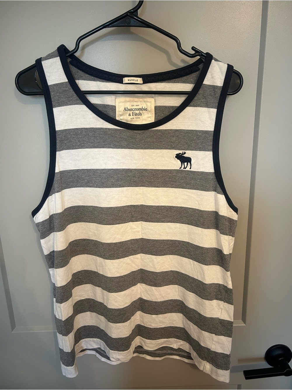 Abercrombie & Fitch Striped Tank Top - Gray, White & Navy Trim